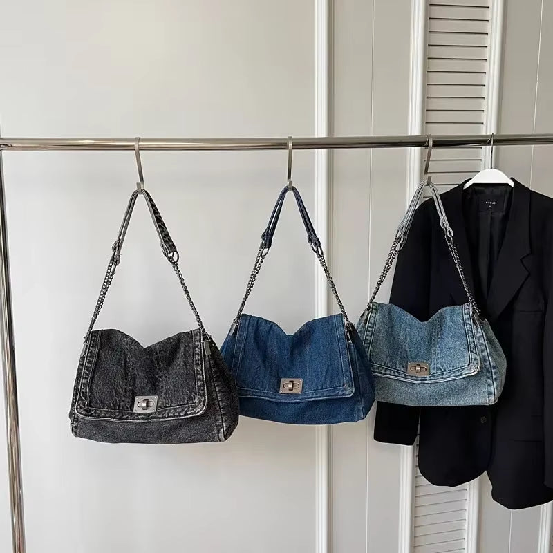 Retro Denim Shoulder Bag With Fashion Chain