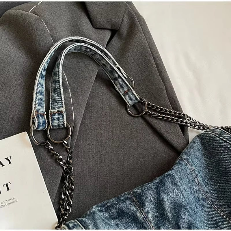 Retro Denim Shoulder Bag With Fashion Chain