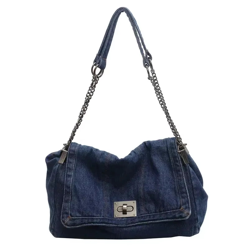 Retro Denim Shoulder Bag With Fashion Chain