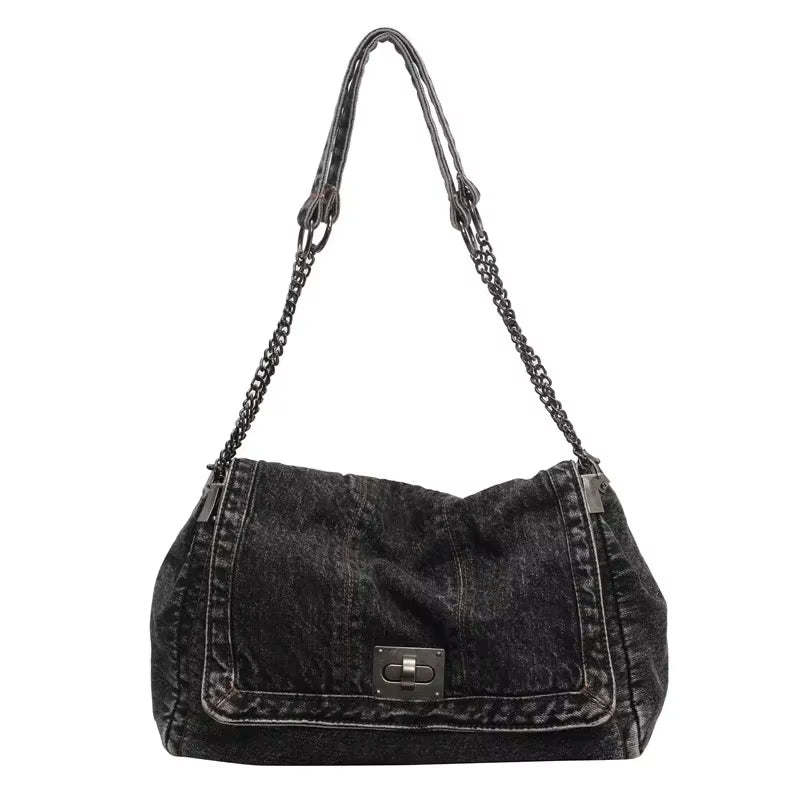 Retro Denim Shoulder Bag With Fashion Chain