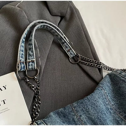 Retro Denim Shoulder Bag With Fashion Chain