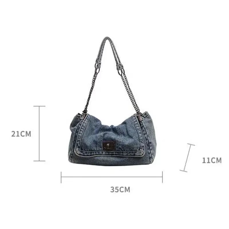 Retro Denim Shoulder Bag With Fashion Chain