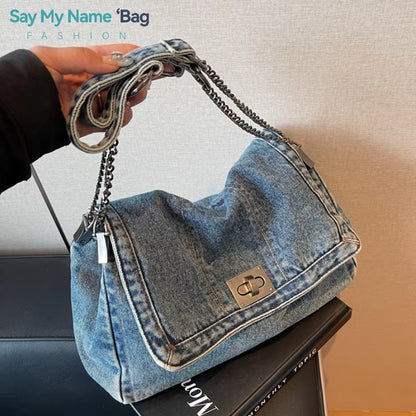 Retro Denim Shoulder Bag With Fashion Chain