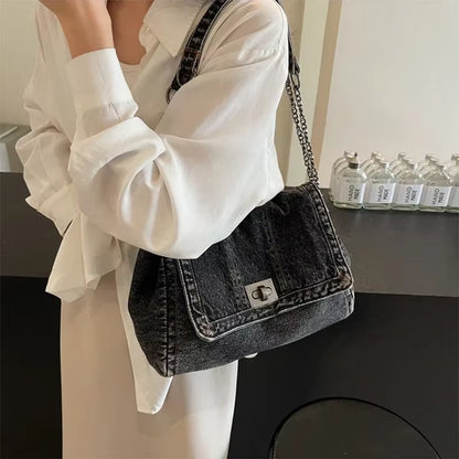 Retro Denim Shoulder Bag With Fashion Chain
