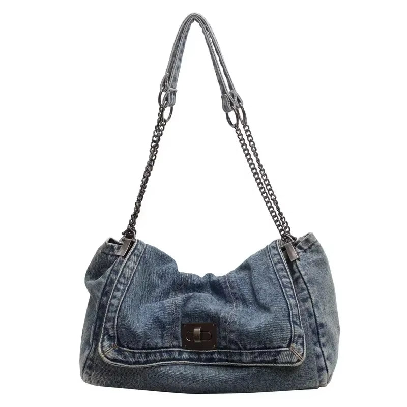 Retro Denim Shoulder Bag With Fashion Chain