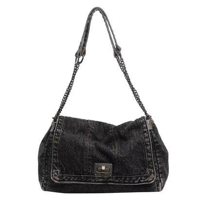 Retro Denim Shoulder Bag With Fashion Chain